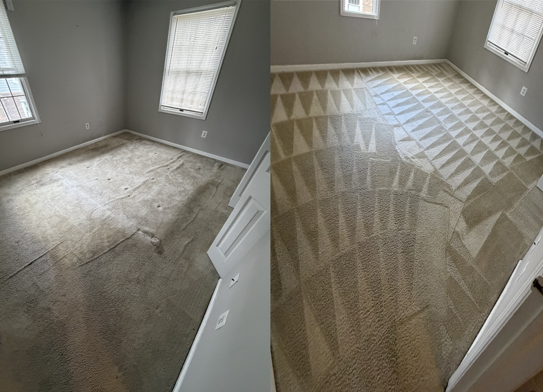 A split-screen view of a bedroom carpet showing a dirty, dark gray surface on the left and a clean, patterned one on right.