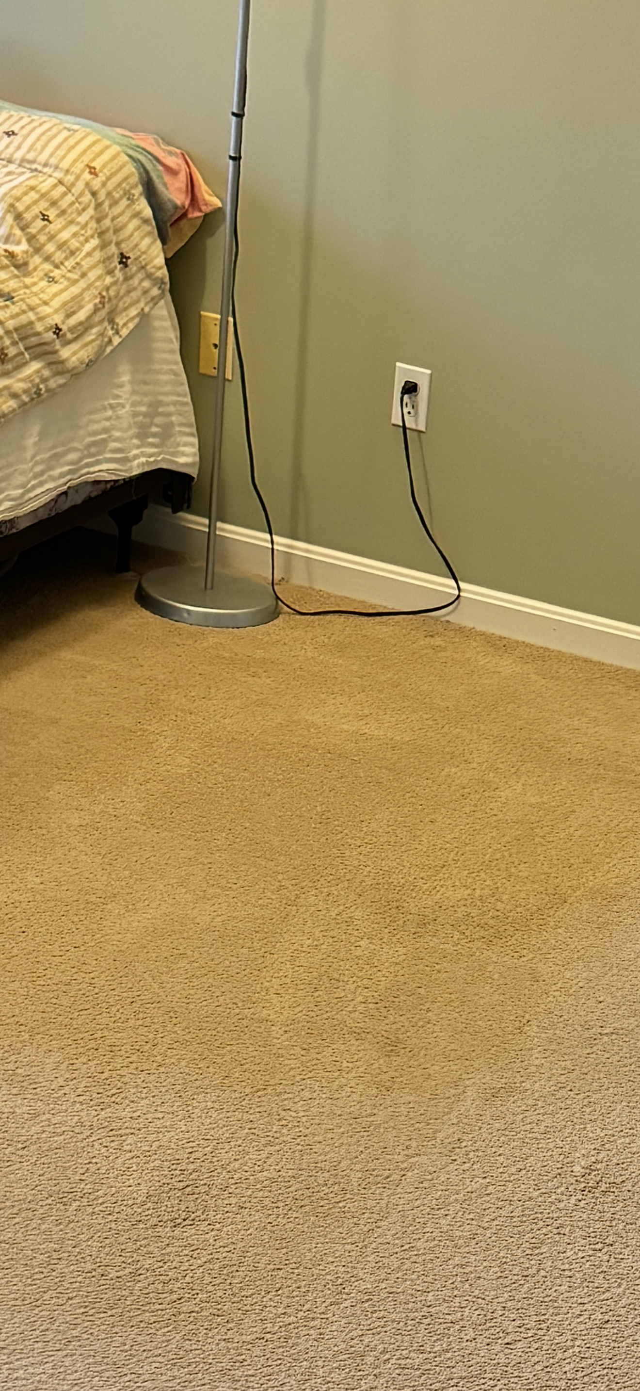A carpeted floor next to a bed and wall with a floor lamp and electrical outlet.
