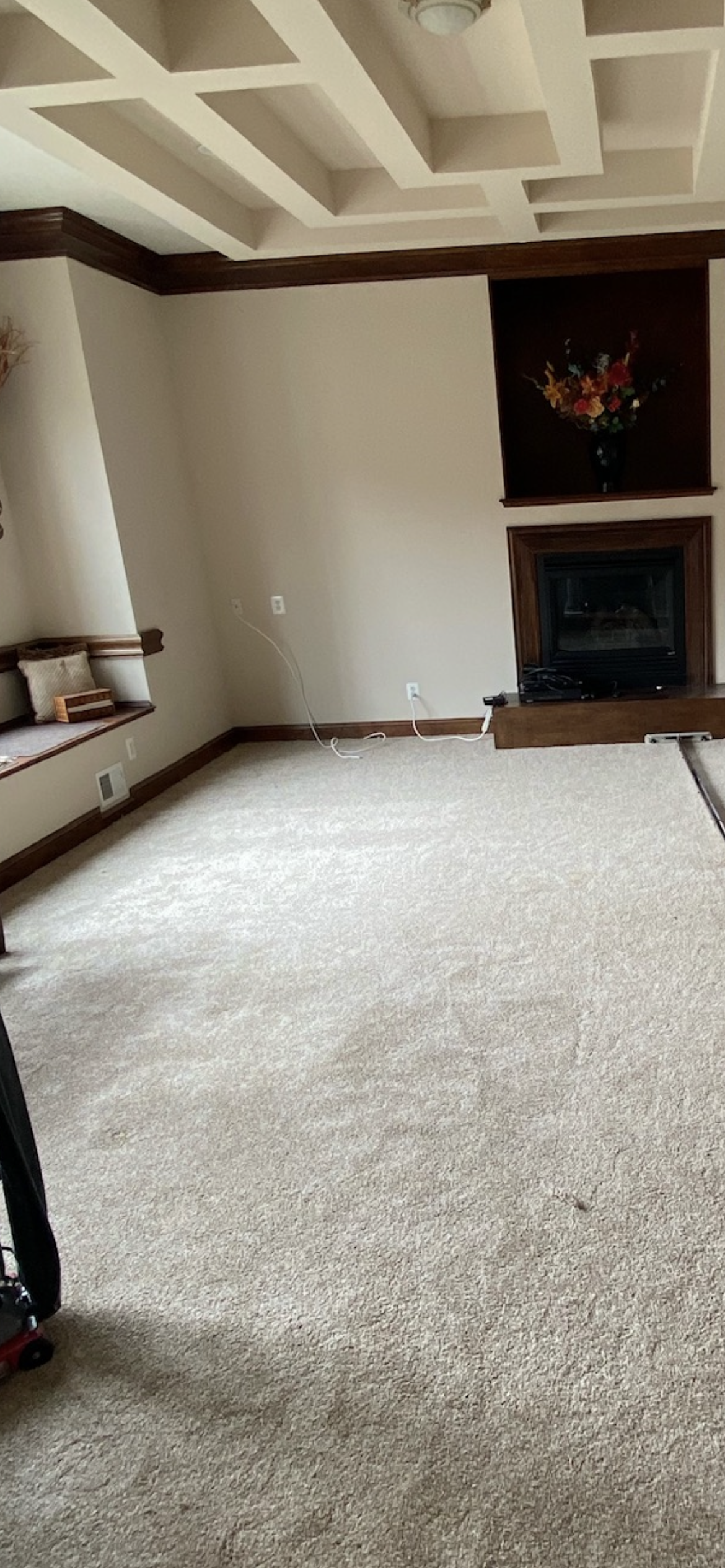 Empty living room with a fireplace, beige carpet, and decorative ceiling.