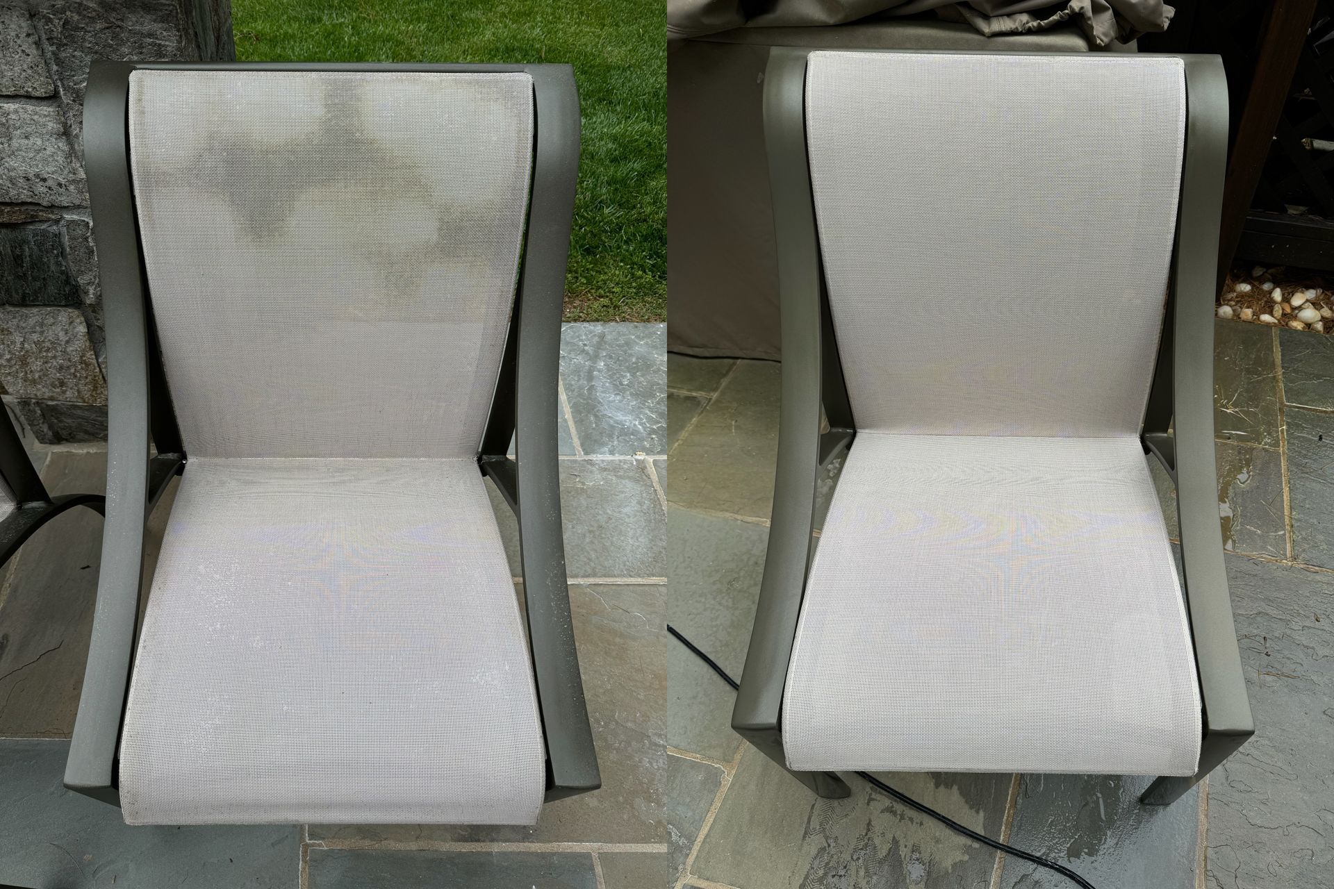 Two outdoor chairs side-by-side: one dirty and the other clean, showing before/after cleaning.