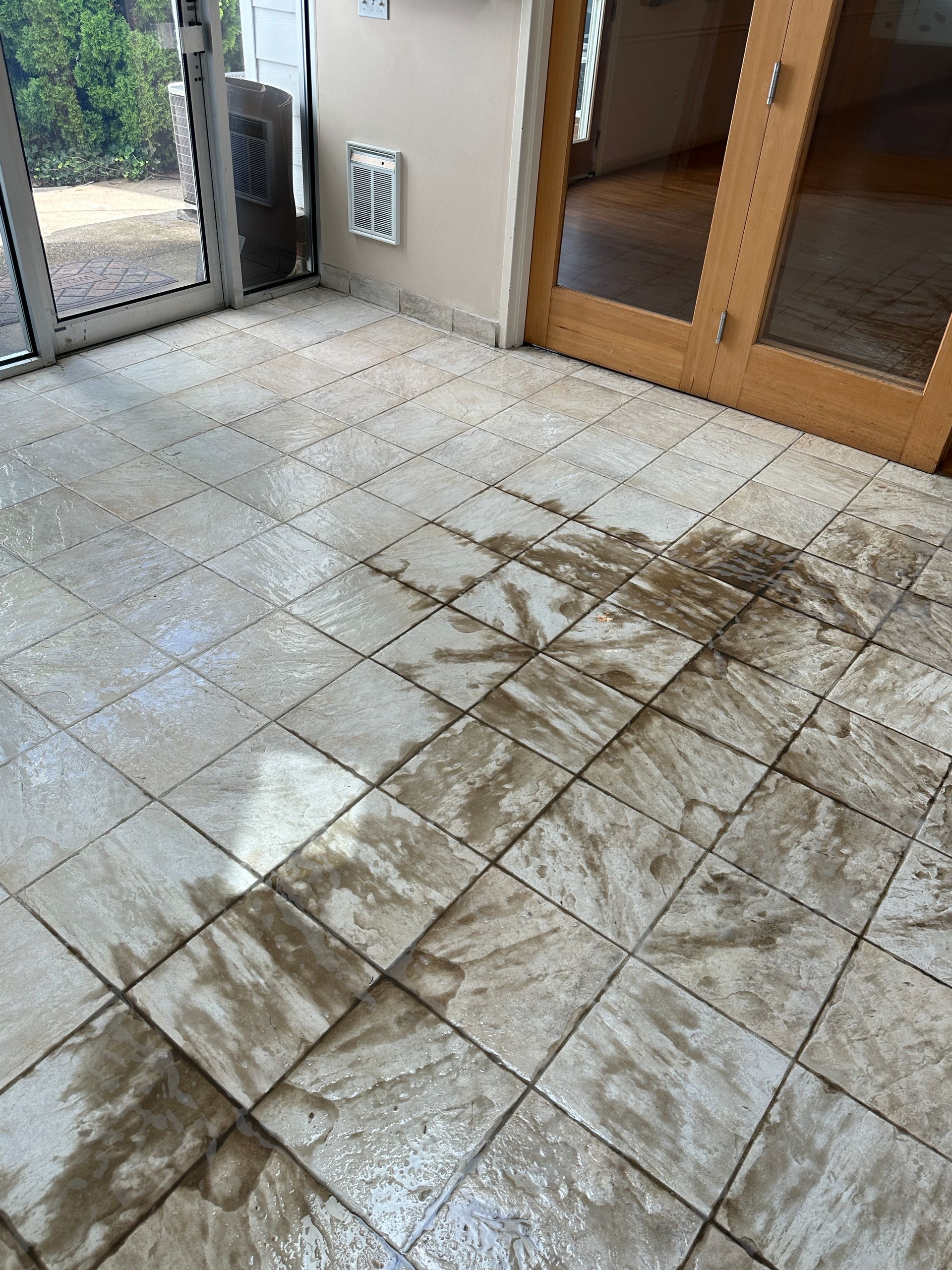 Dirty tile floor in a room, with brown mud-like substance spread across some tiles, by a door and window.