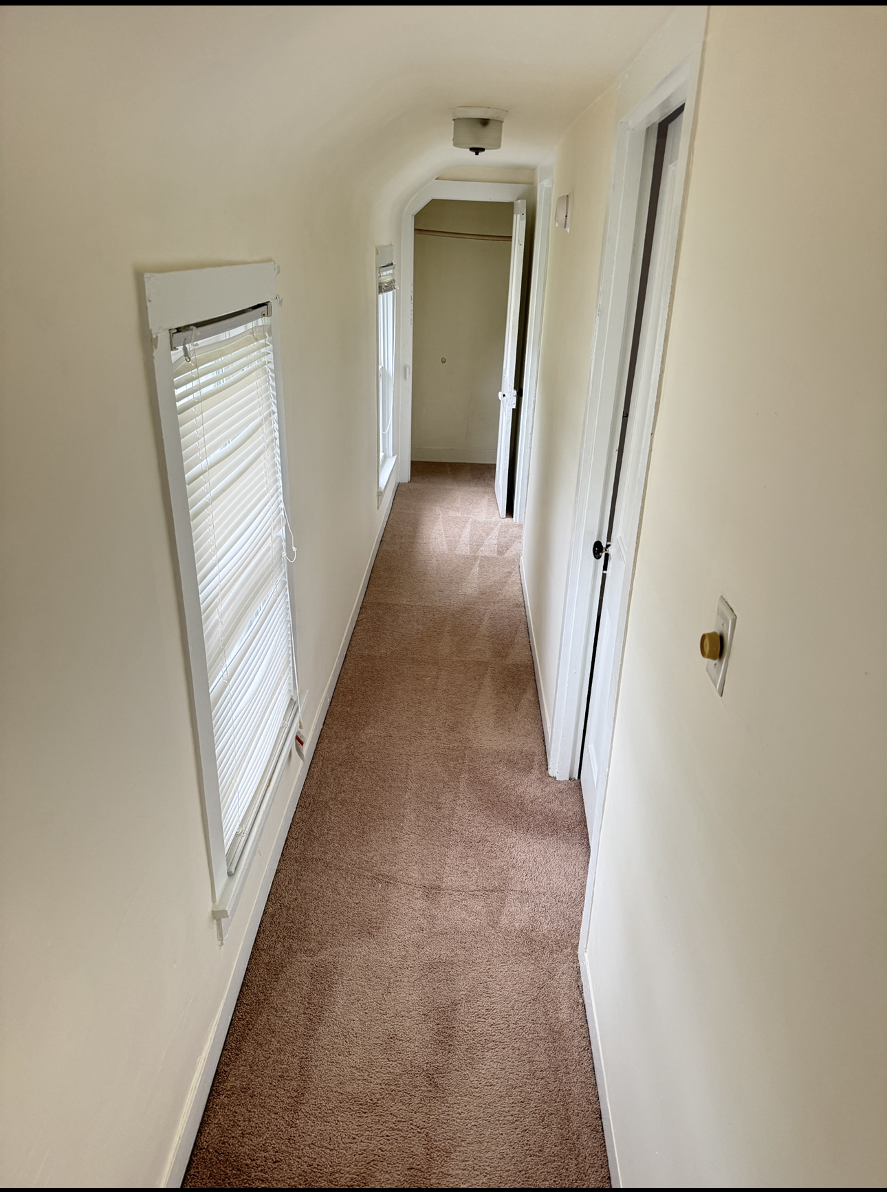 Empty room with beige carpet and yellow walls.