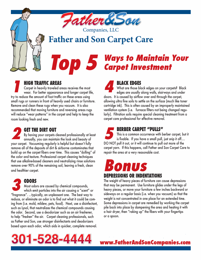 Father and Son Carpet Care advertisement. Top 5 tips to maintain carpet investment. Includes contact information. Father and Son Carpet Care advertisement. Top 5 tips to maintain carpet investment. Includes contact information.