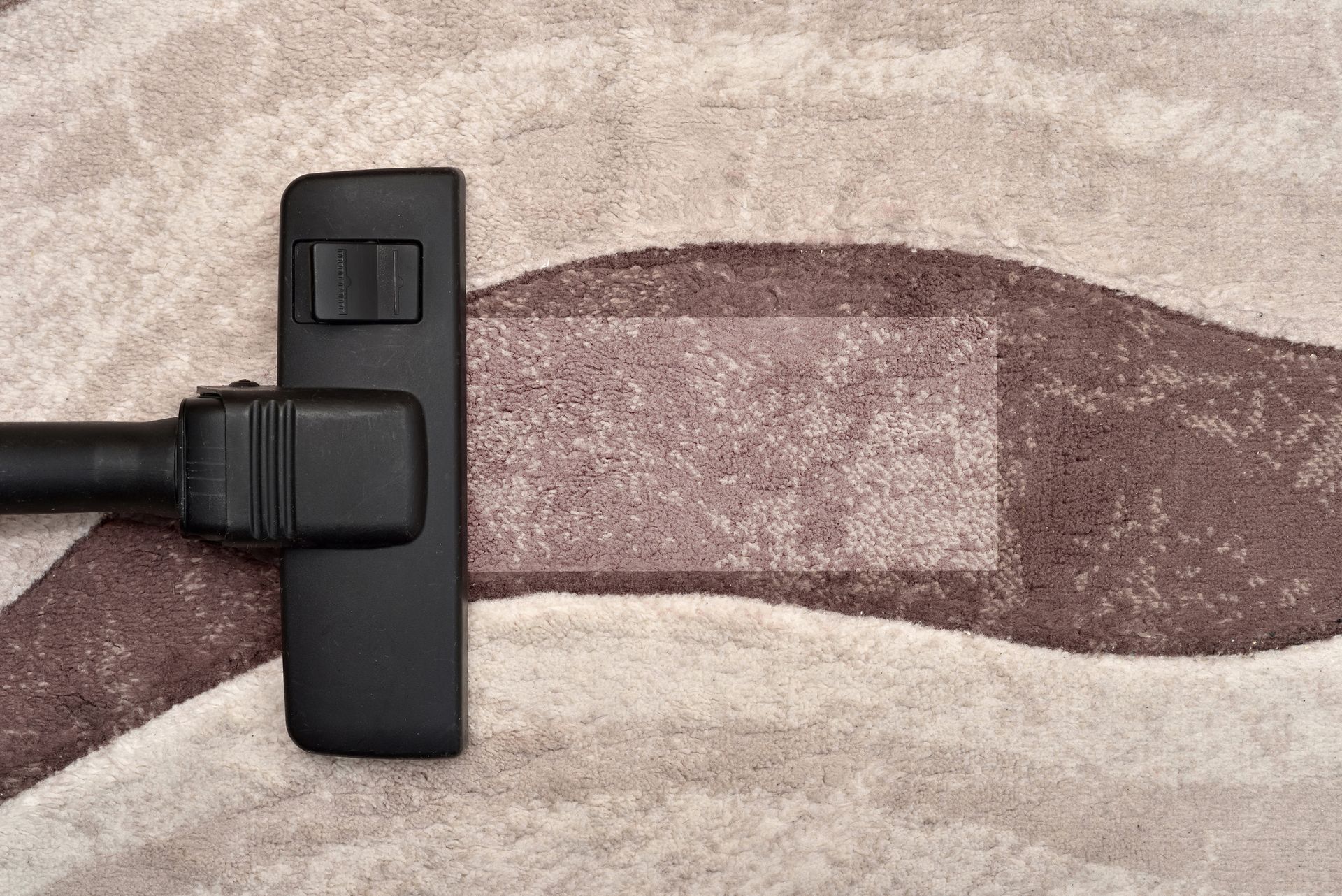 Vacuum cleaner head on patterned carpet with a visible cleaned section.