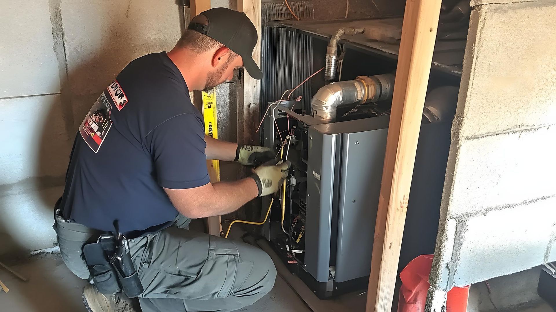 A man is working on a heating system in a basement.