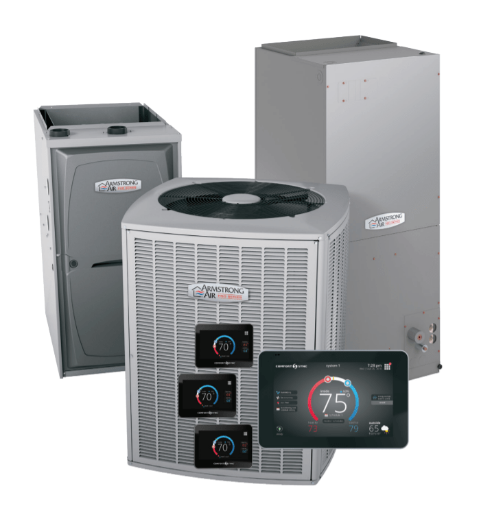 A group of air conditioners and a thermostat on a white background.