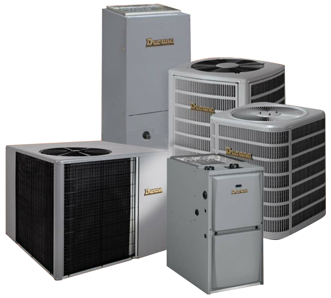 A bunch of different types of air conditioners are stacked on top of each other