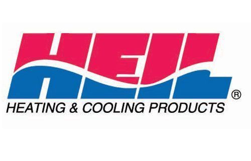 The logo for hel heating and cooling products is red and blue.