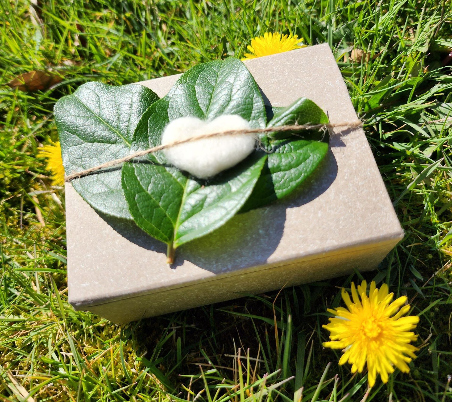 eco friendly cremation box secured with twine and adored with leaves and a felt heart