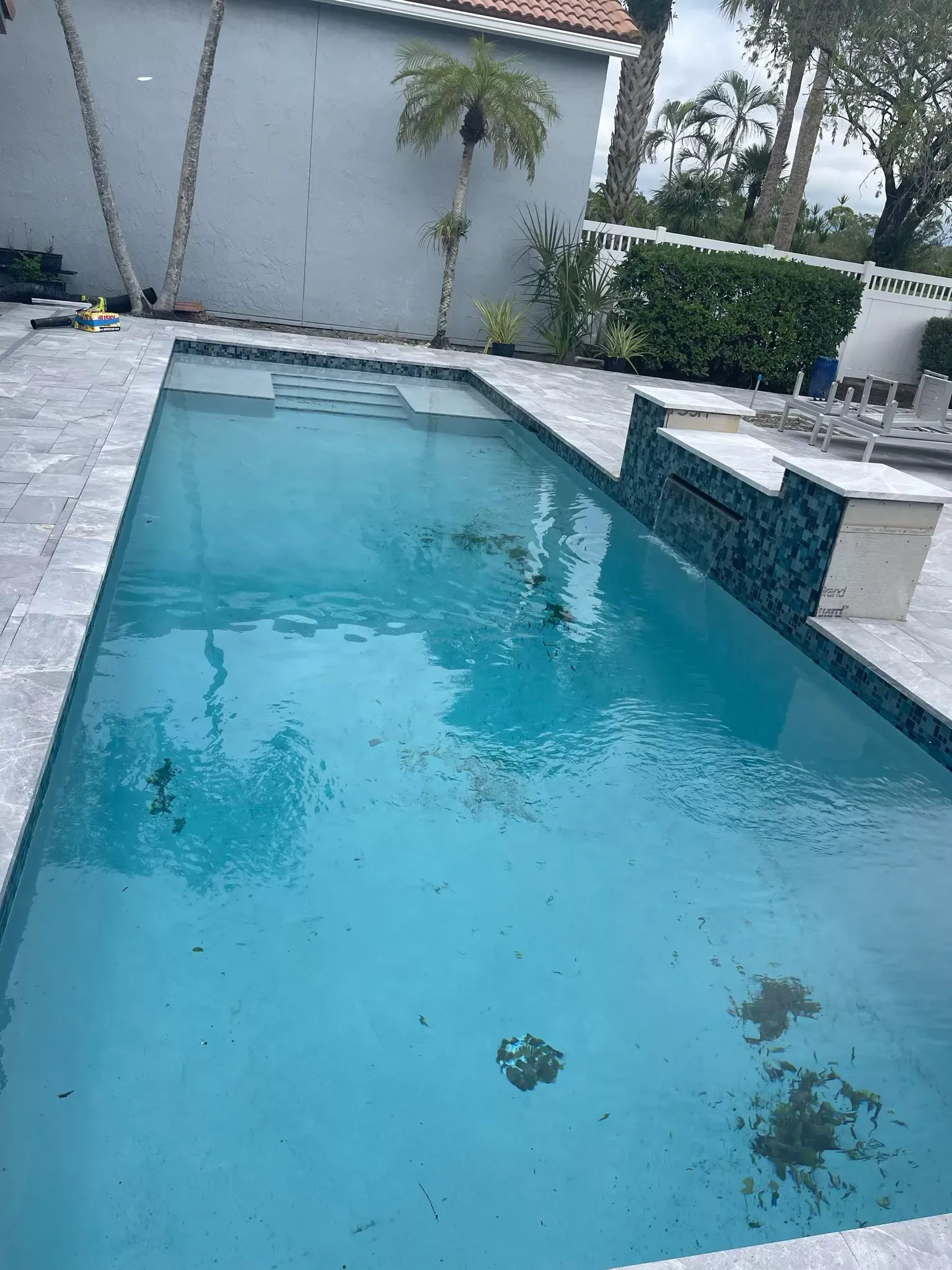 A large swimming pool filled with blue water in a backyard.