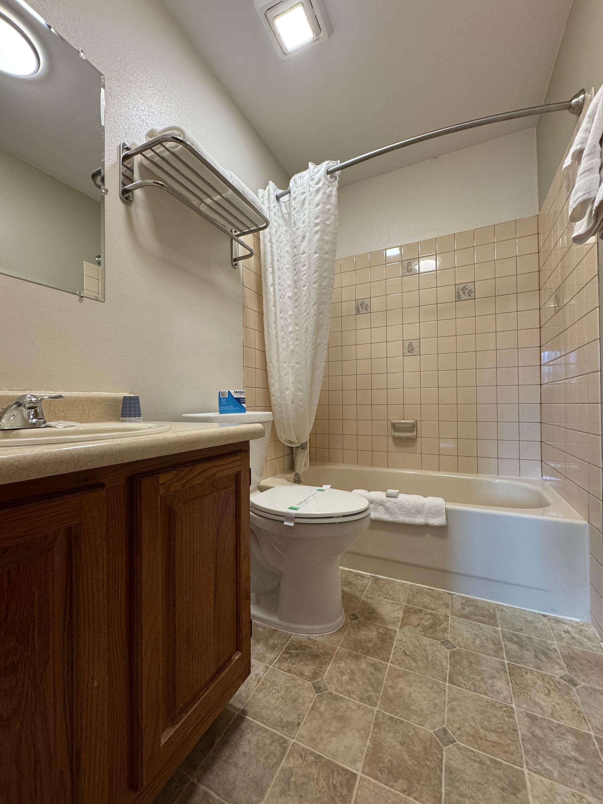 Bathroom with a toilet, tub, vanity, and patterned tile.