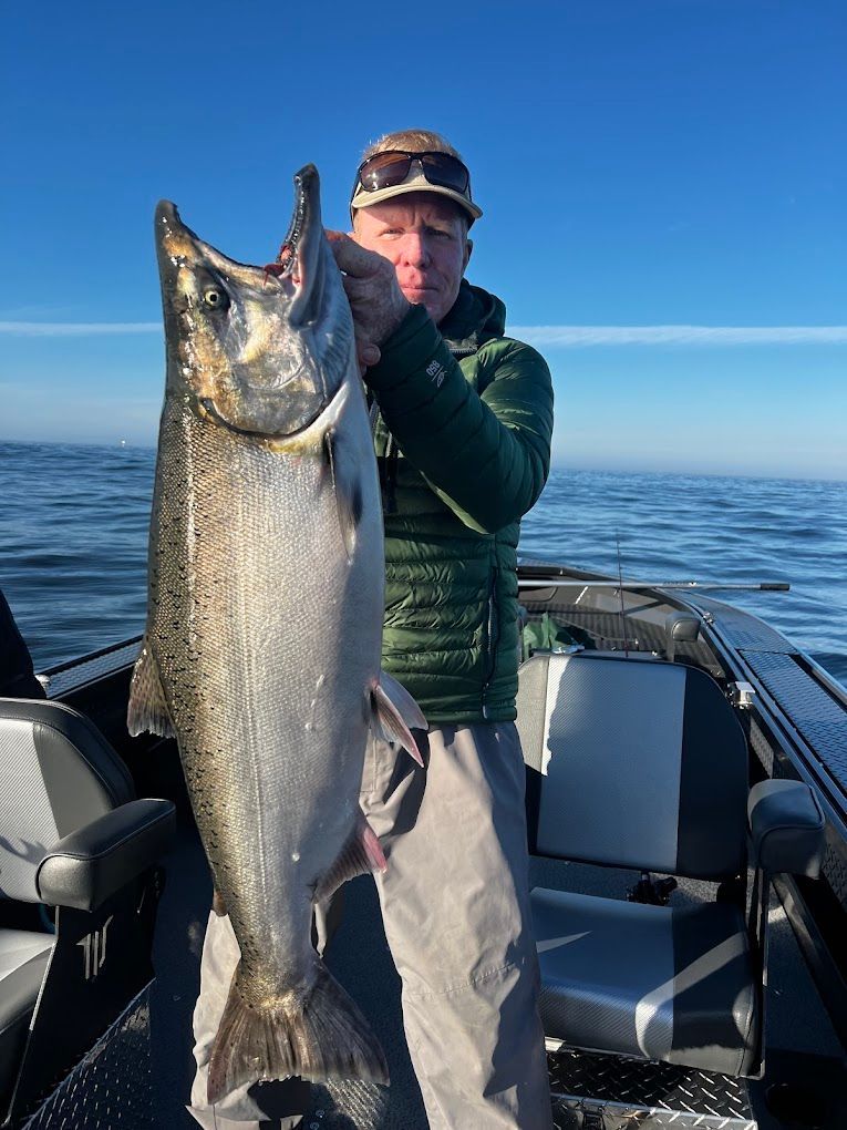A man is standing on a boat holding a large fish.