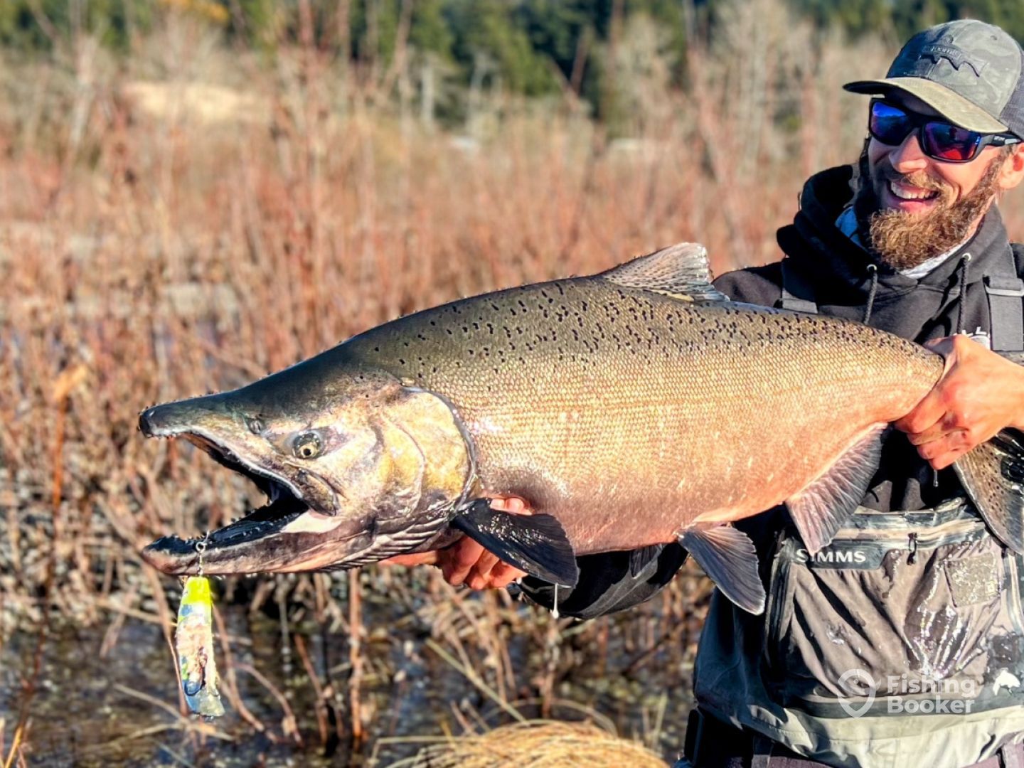 A man is holding a large salmon in his hands.