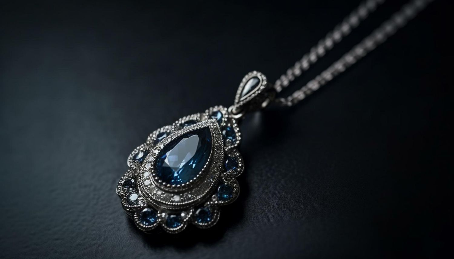 A close up of a necklace with a blue stone on a black background.