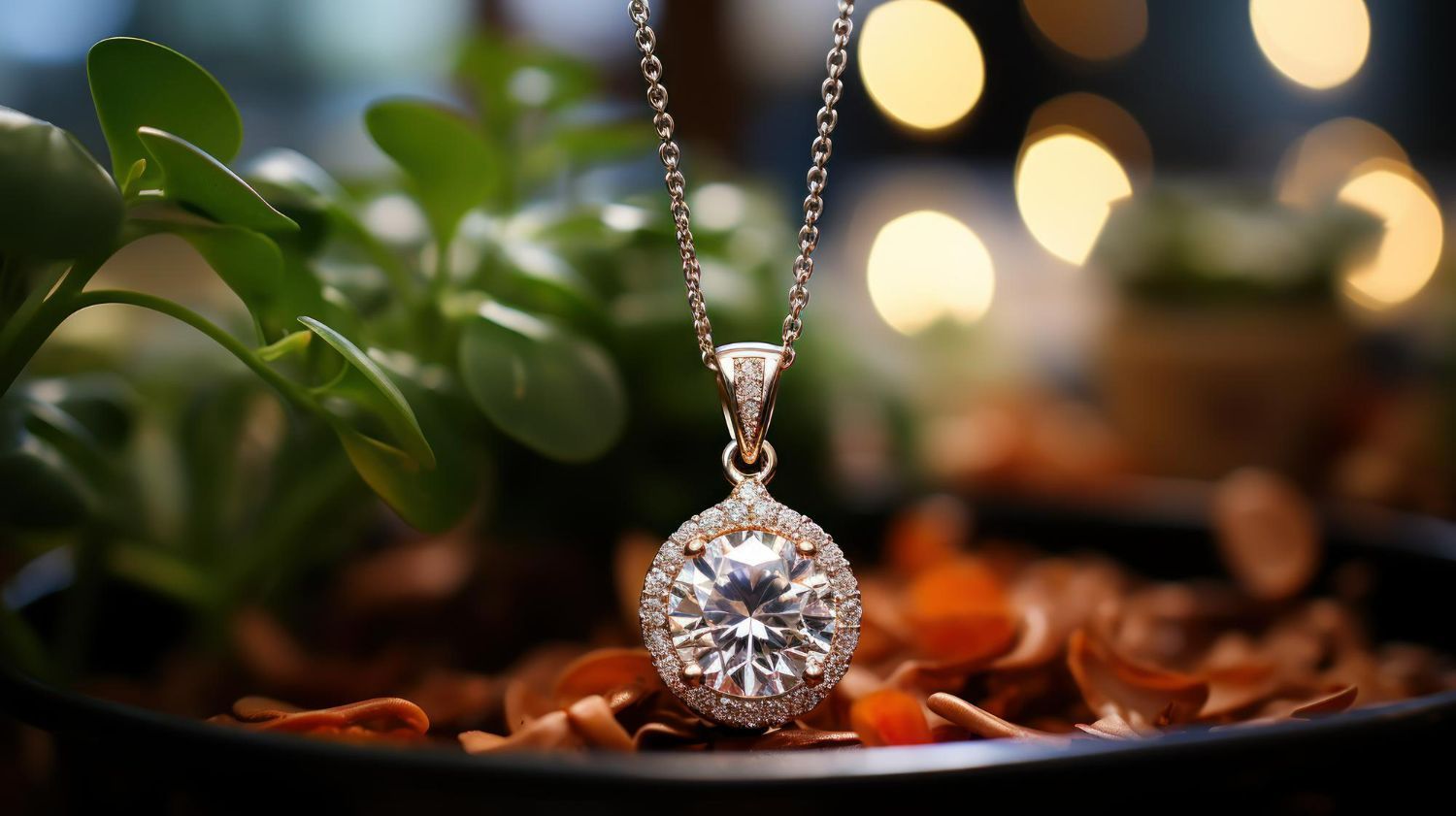 A close up of a necklace with a diamond pendant on a table.