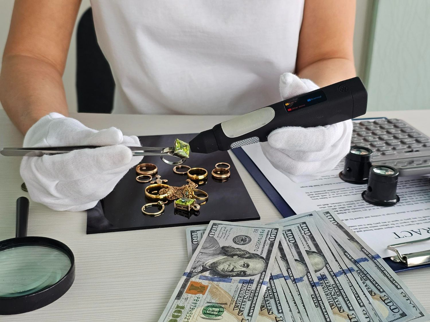 A person wearing white gloves uses a thermal diamond tester on a green gemstone, with gold jewelry and cash on the table.