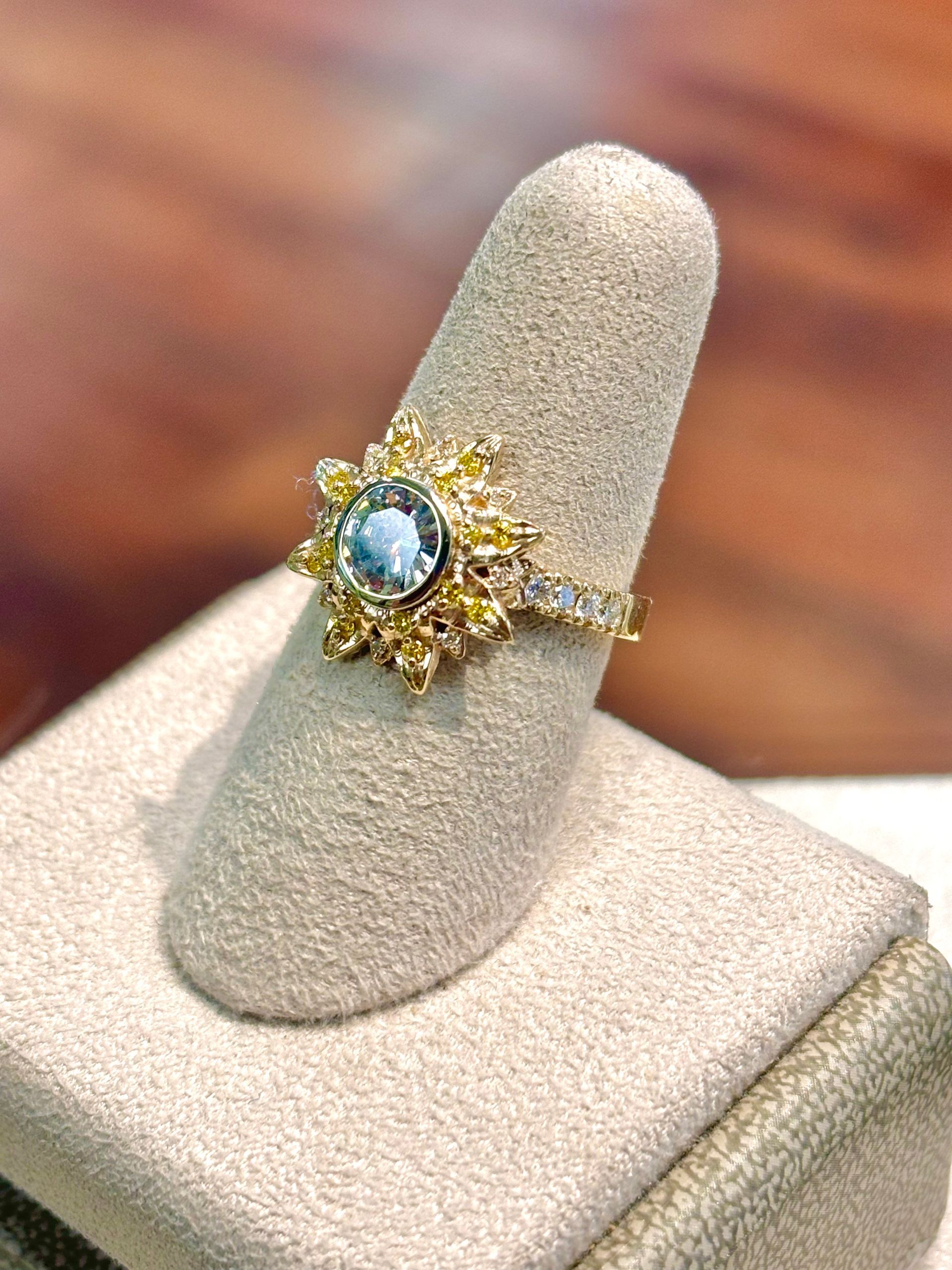 A close up of a ring on a finger on a display case.