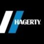 The hagerty logo is blue and white on a black background.