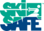 A blue and green logo for ski & safe with an arrow in the middle.