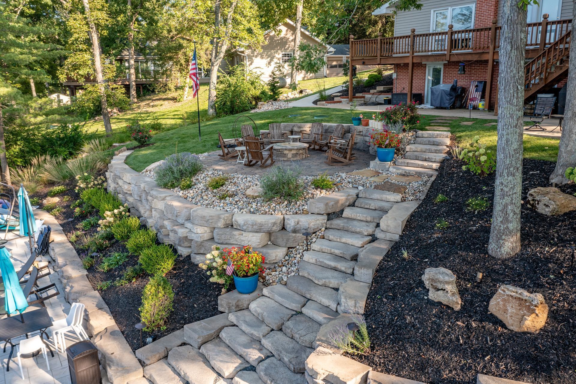 There is a fire pit in the backyard of a house.
