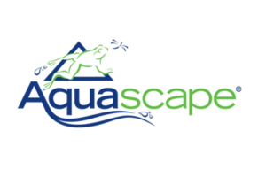 A logo for aquascape with a frog on a mountain