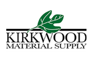 A logo for kirkwood material supply with a green leaf
