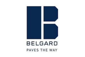 A blue and white logo for belgard paves the way