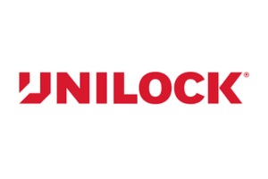 A red and white logo for unilock on a white background