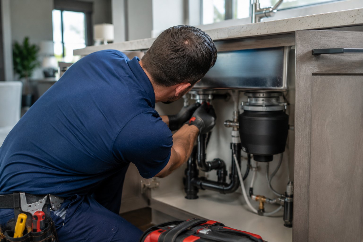 Technician repairing plumbing under a kitchen sink with tools and open cabinet doors