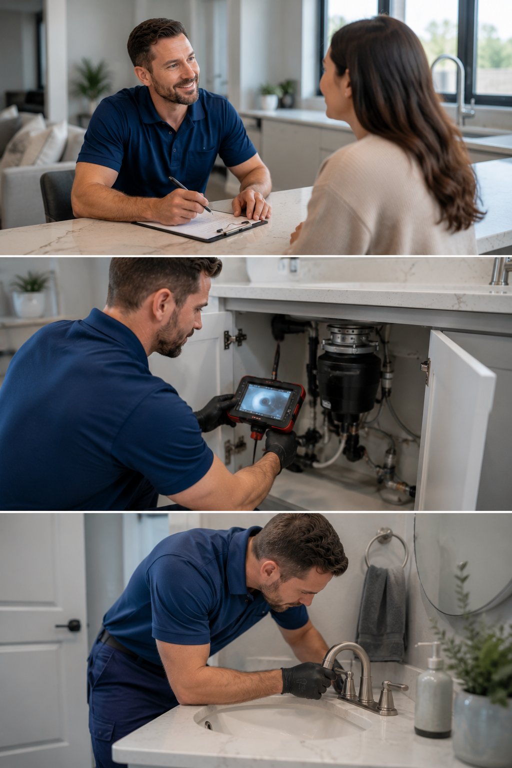 Technician inspecting and repairing a kitchen sink and plumbing under the counter