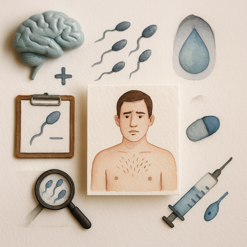 Illustration showing male infertility causes and treatments, including sperm health, hormones, diagn