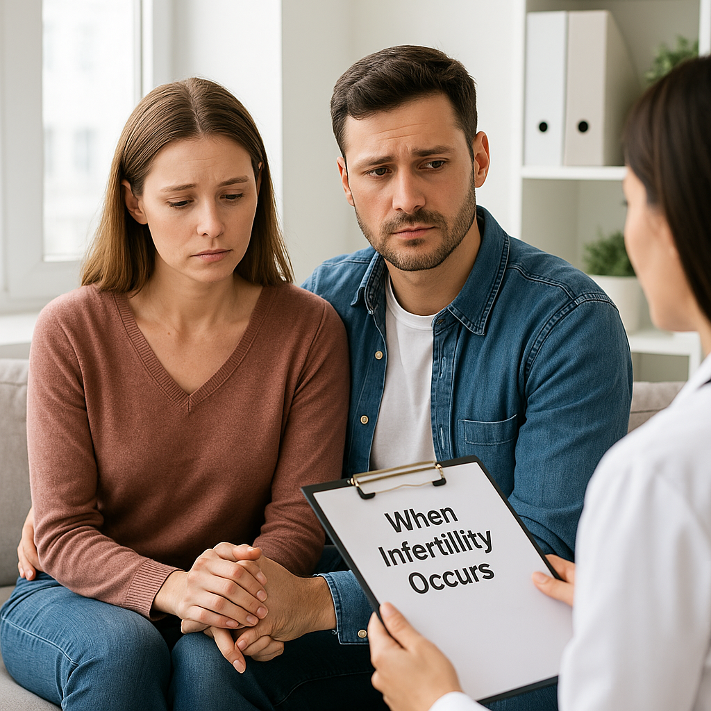 A worried couple consults a fertility doctor holding a clipboard that reads “When Infertility Occurs