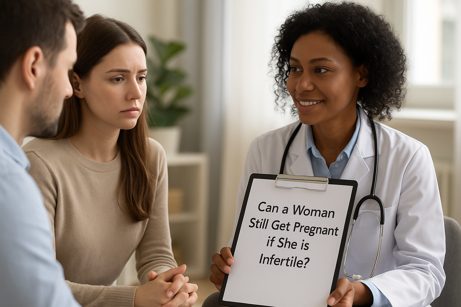 A fertility doctor speaks with a couple, holding a clipboard that reads “Can a Woman Still Get Pregn