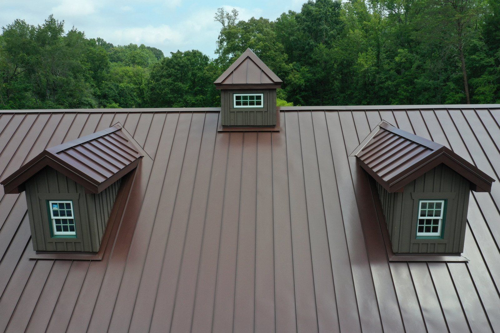 Brown metal roof with three dormers, two with windows, set against a green treeline.