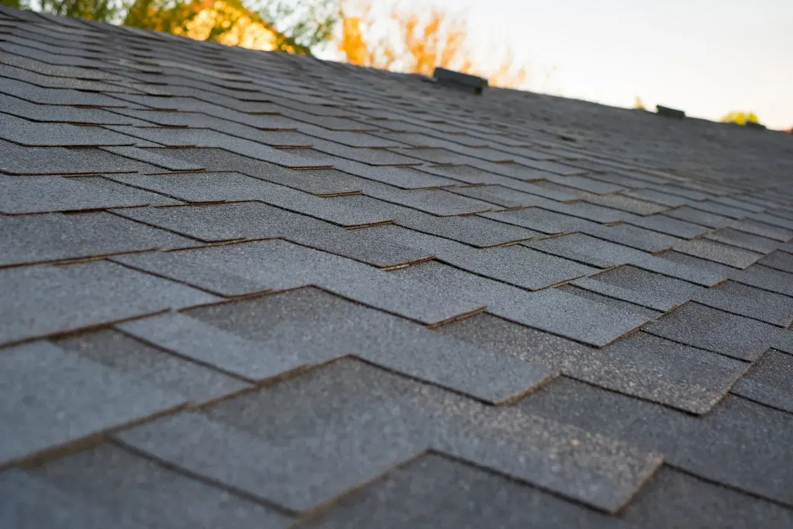 Dark gray asphalt shingle roof, angled view.