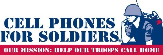 Logo for Cell Phones for Soldiers: Soldier on radio, blue and white text on red bar.