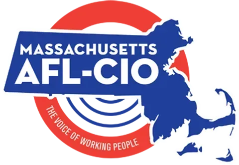 Massachusetts AFL-CIO logo: Blue state outline, text, and the organization's name in white on a blue rectangle, with a red circle.