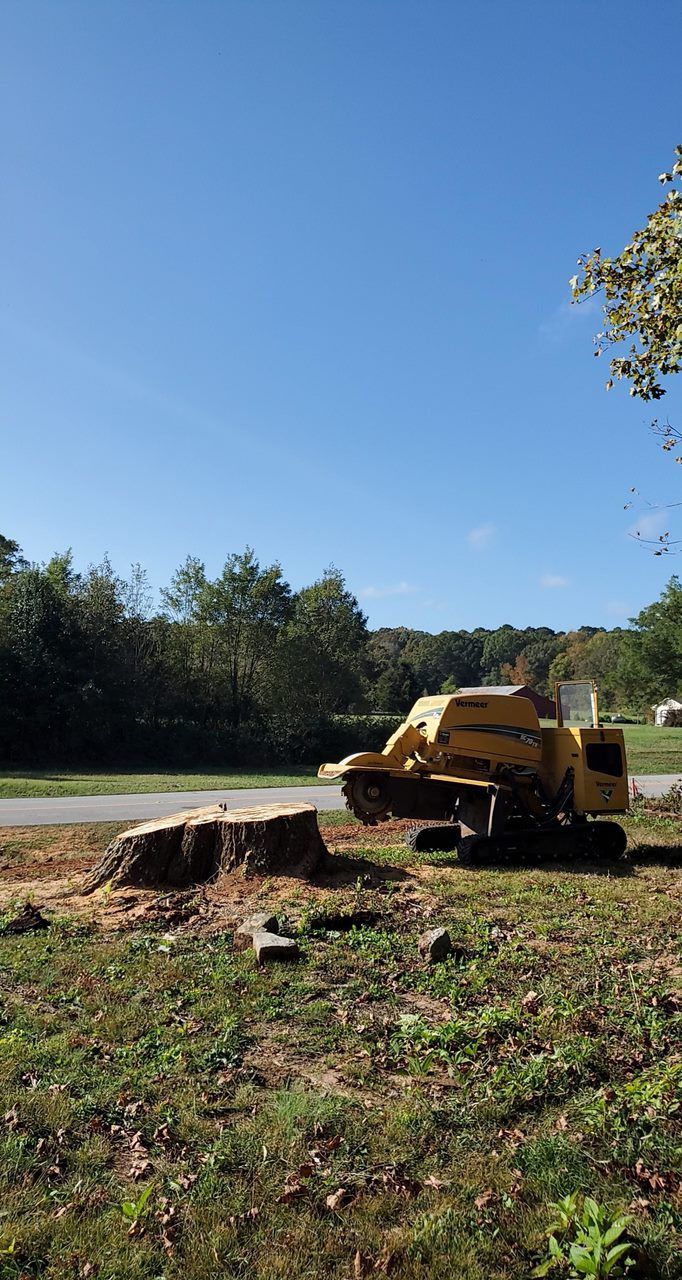 A yellow stump grinder is sitting in the grass next to a road.