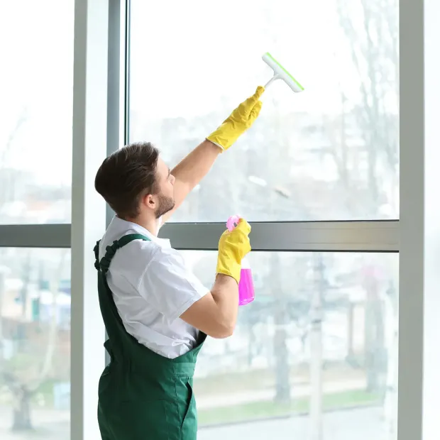 Man in overalls and yellow gloves cleaning a window with a squeegee and spray bottle.