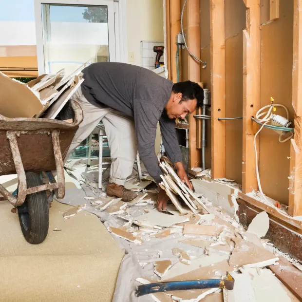 Man in construction site clearing debris, wheelbarrow in view.