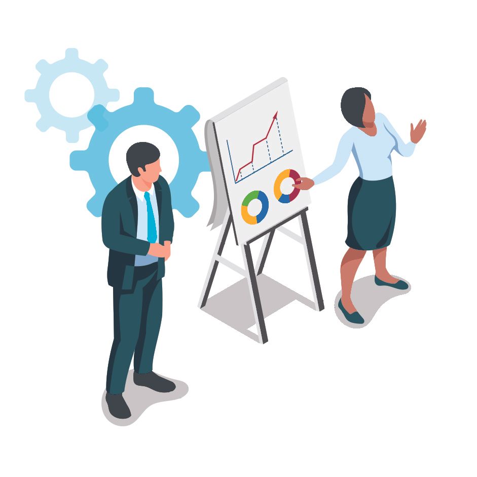 Illustration d'un homme et d'une femme donnant une présentation avec une tablette de papier sur un chevalet.