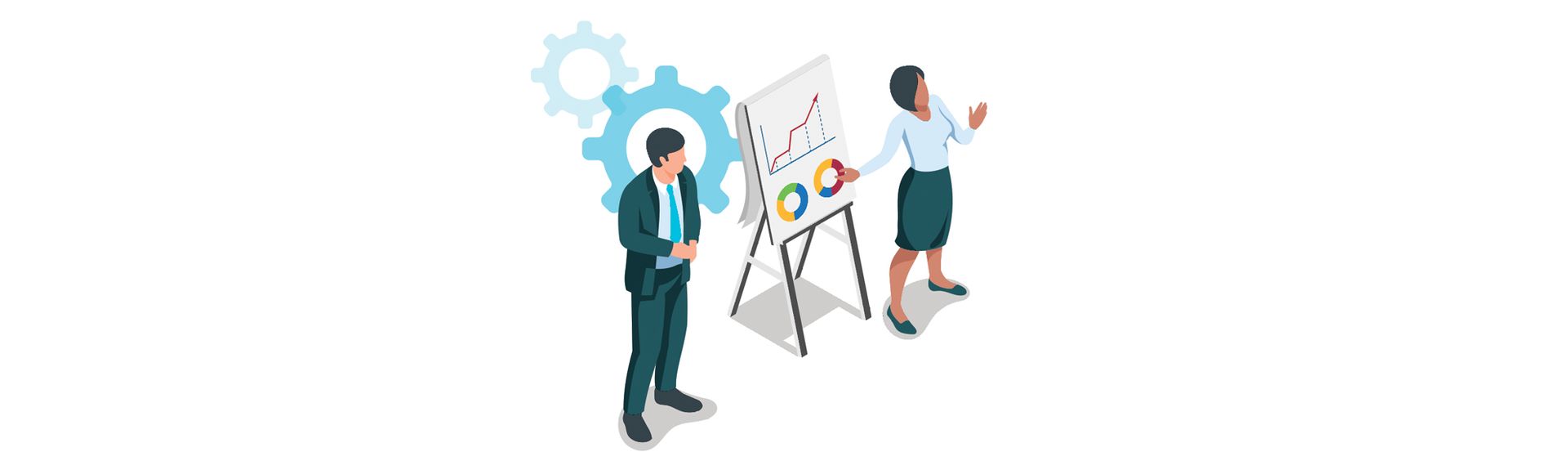 Illustration d'un homme et d'une femme donnant une présentation avec une tablette de papier sur un chevalet.