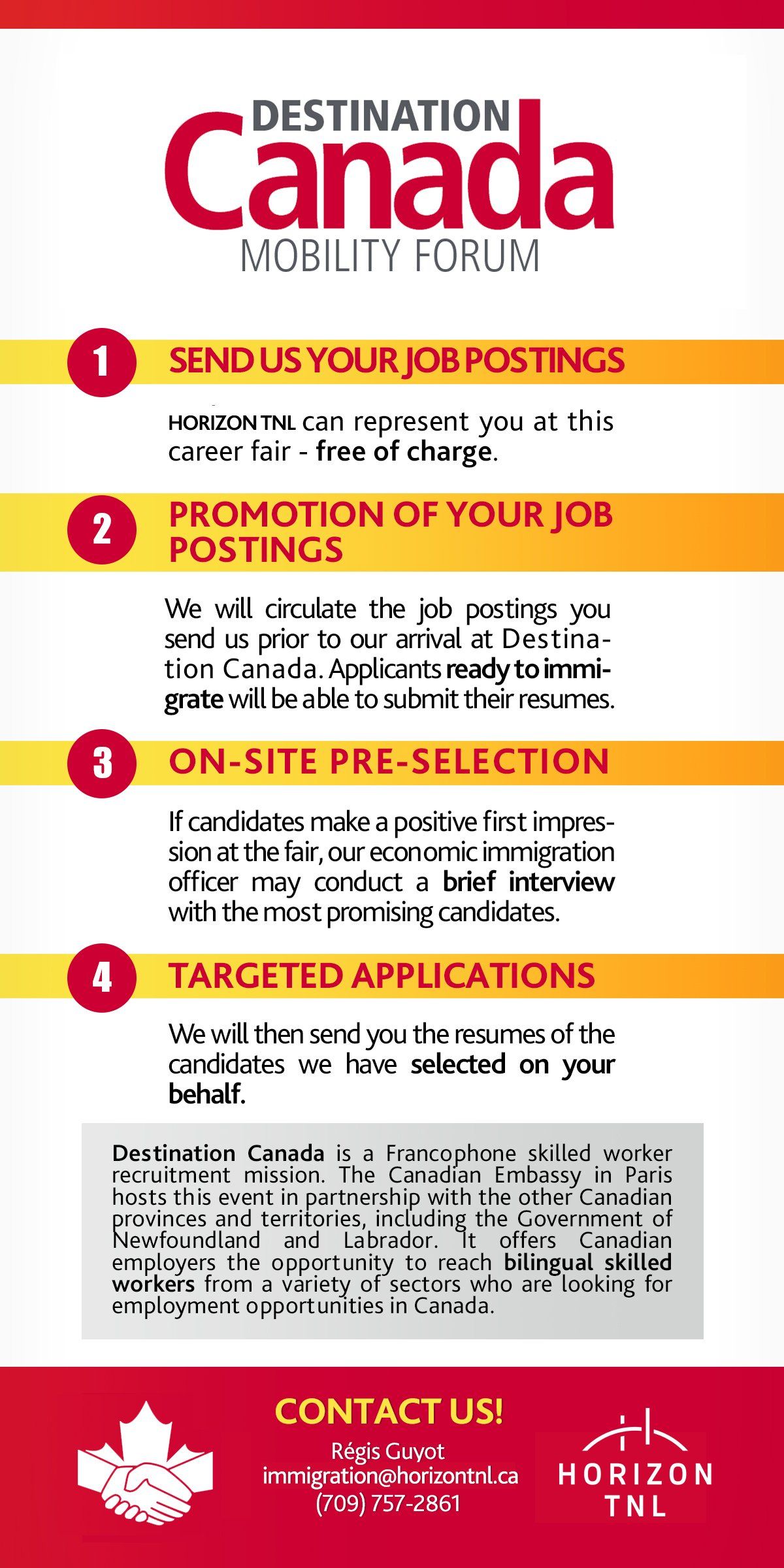 Steps for representation at Destination Canada.