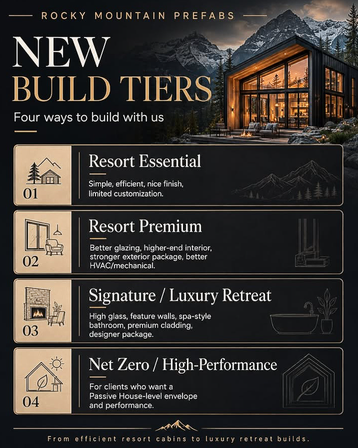Flyer for Rocky Mountain Prefabs’ new build tiers, with four luxury prefab home options and a modern cabin image.