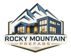 Rocky Mountain Prefabs logo with mountain peaks and a modern house illustration in blue and gold