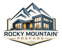 Rocky Mountain Prefabs logo with mountain peaks and a modern house illustration in blue and gold