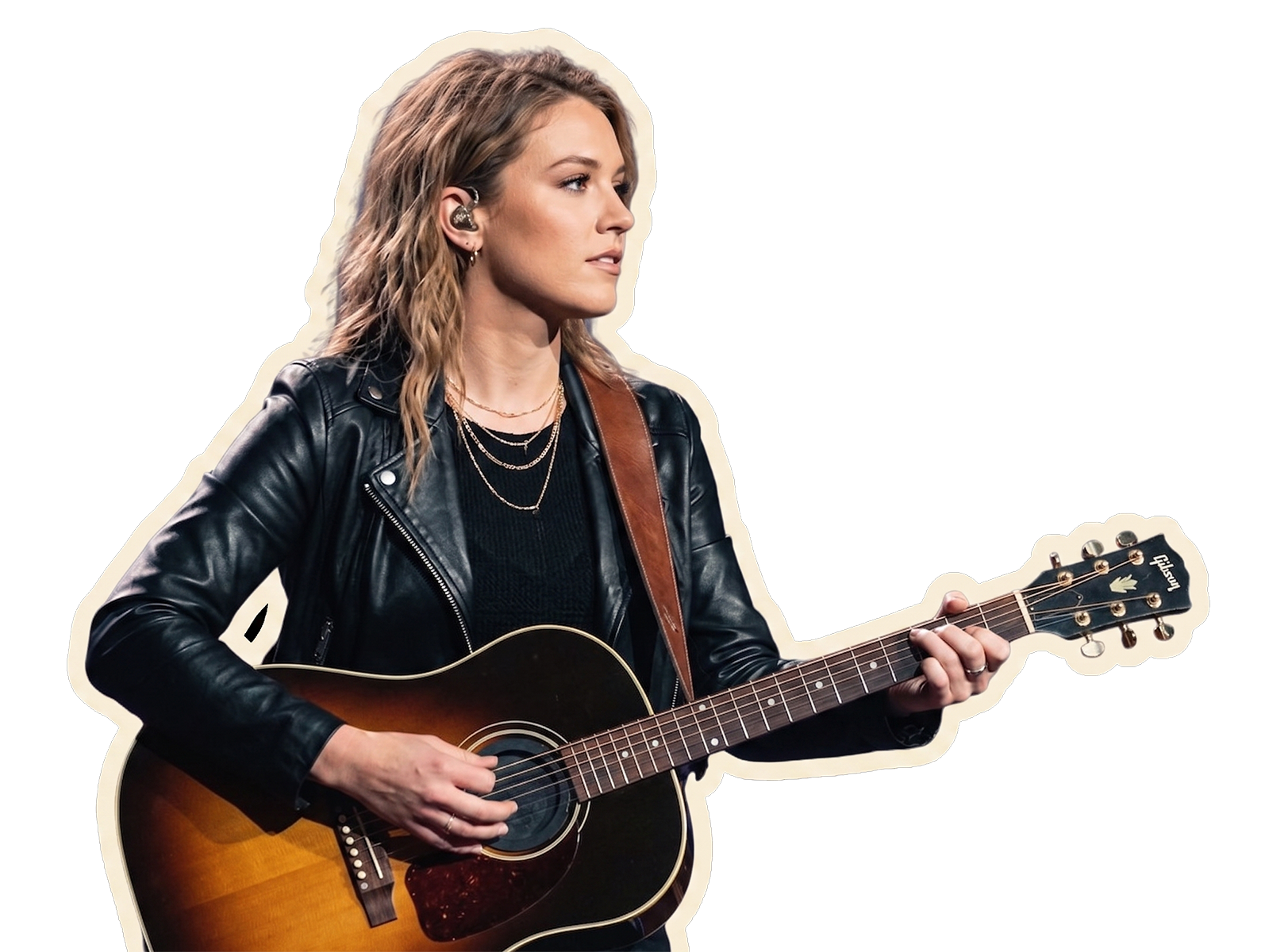 Musician in black jacket playing acoustic guitar on a white background