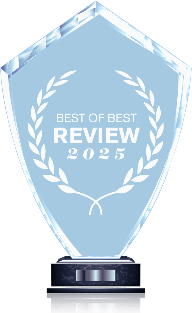 Light blue award trophy with laurel wreath and “Best of Best Review 2025” text on a black base