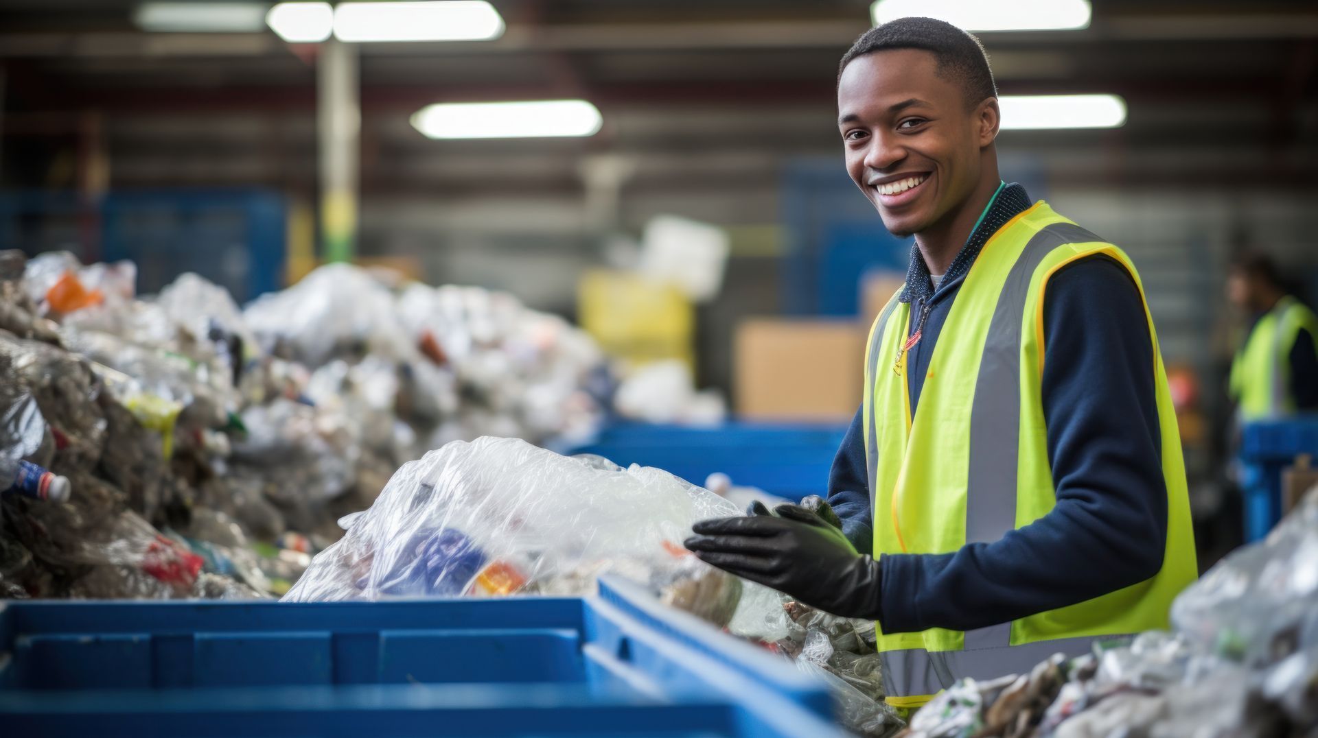 Young African-American man sorting waste at recycling center. Young African-American man sorting waste at recycling center.