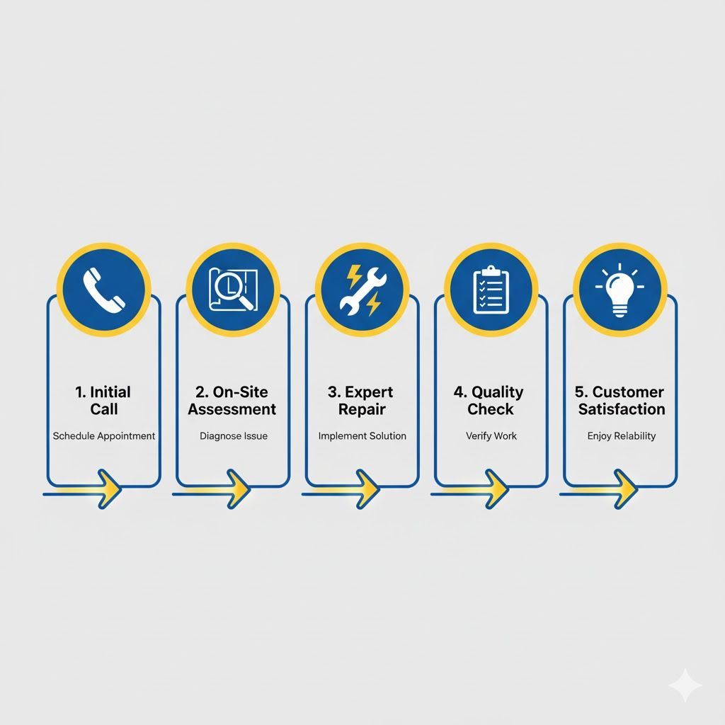 Diagram: Repair process. Steps include initial call, assessment, repair, quality check, and satisfaction.